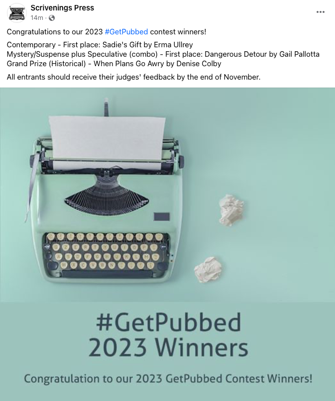 Denise M. Colby won the grand prize in the Scrivenings Press #GetPubbed 2023 contest for When Plans Go Awry, which includes a book contract