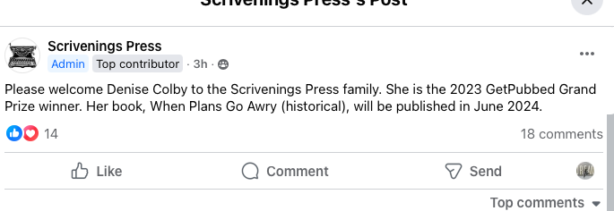 Scrivenings Press welcomes Denise M. Colby to the family of authors with her first book contract for her grand prize entry When Plans Go Awry which will publish in June 2024 