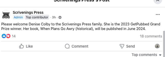 Scrivenings Press welcomes Denise M. Colby to the family of authors with her first book contract for her grand prize entry When Plans Go Awry which will publish in June 2024